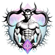 Gay male horned satyr with massive bodybuilder muscles. Background of natural tree roots, vines and patterns tattoo design idea