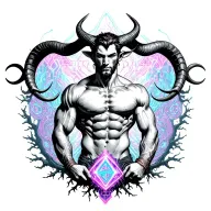 Gay male horned satyr with massive bodybuilder muscles. Background of natural tree roots, vines and patterns tattoo design idea