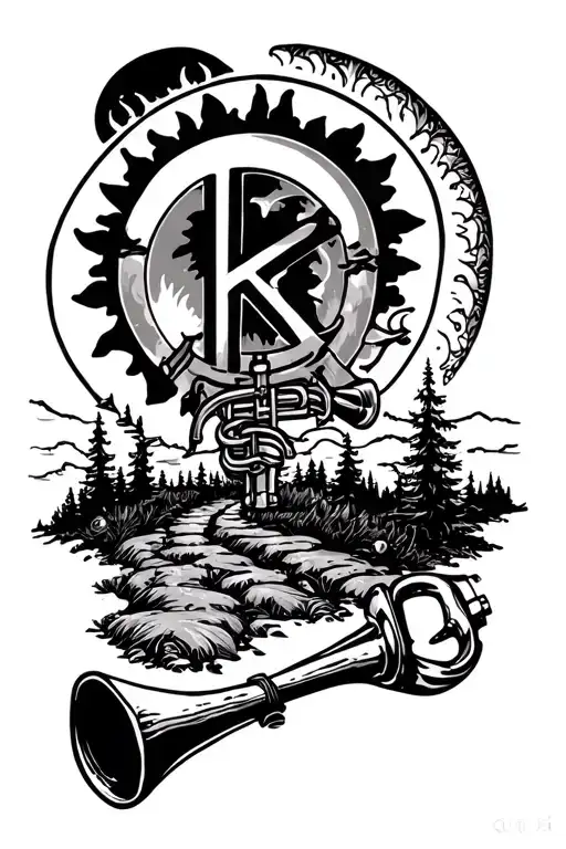 minimalistic sun surrounded by thc formula, hiking trail, trumpet and peace sign tattoo design idea