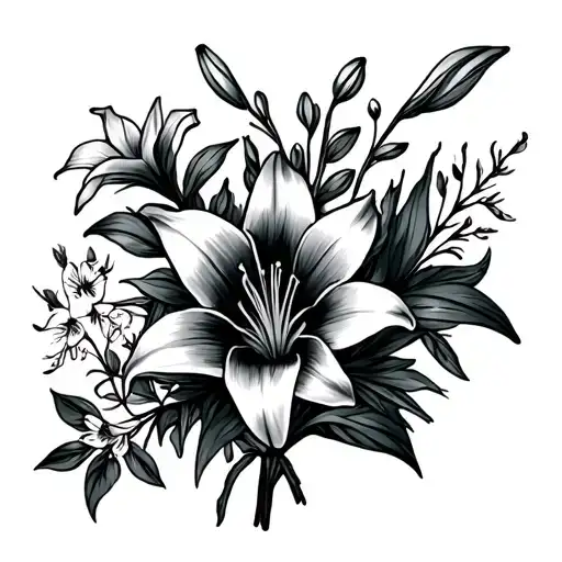 black and grey daylily and honeysuckle bouquet tattoo design idea