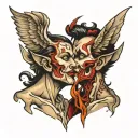 devil and angel whispering behind ear tattoo design idea