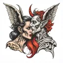 devil and angel whispering behind ear tattoo design idea
