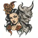 devil and angel whispering behind ear tattoo design idea