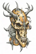 A hunting themed tattoo of a deer skull adorned with futuristic cybernetic implants, representing the balance between life and death tattoo design idea