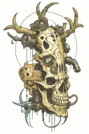 A hunting themed tattoo of a deer skull adorned with futuristic cybernetic implants, representing the balance between life and death tattoo design idea