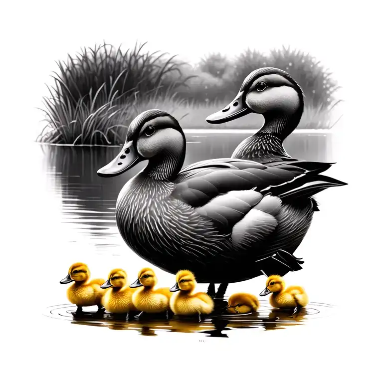 adult duck and 4 ducklings following their mother tattoo design idea