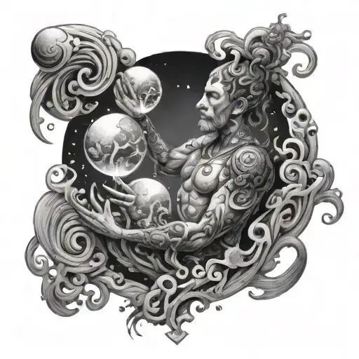 An intricate design of a water bearer pouring cosmic energy into the universe tattoo design idea