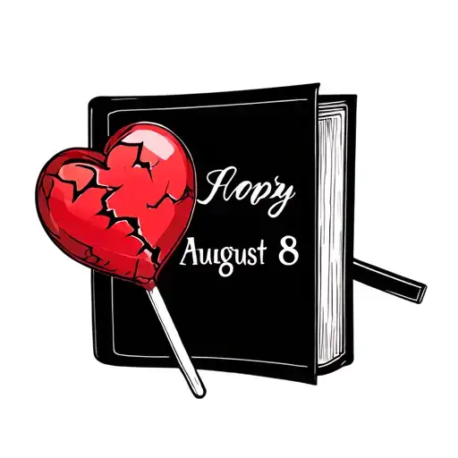 a book with a red broken heart lollipop and the date August 8 tattoo design idea