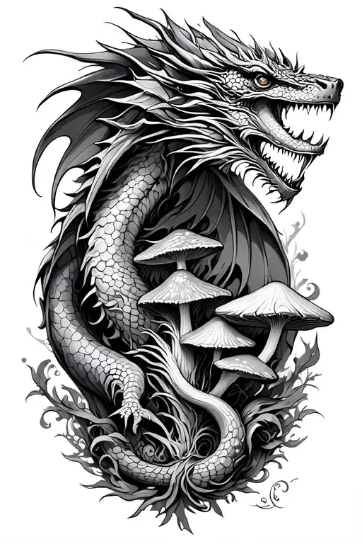 sleeve, dragons, gemstones, mushrooms, fantasy, spiritual, oldschool tattoo design idea