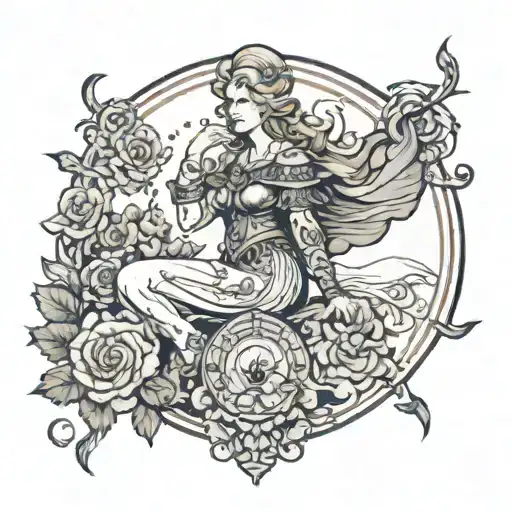 Freyja in the center of the tattoo, in a majestic pose, with a serene yet powerful expression. tattoo design idea