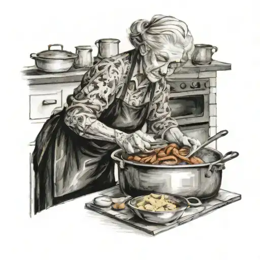 A blackwork tattoo of a grandmother cooking her favorite dish in a kitchen filled with memories tattoo design idea