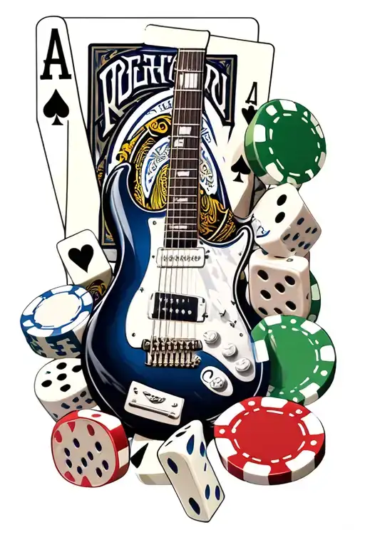 electric guitar poker chips playing cards dice scattered tattoo design idea