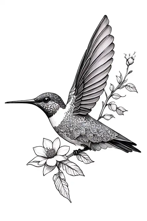 humming bird with flowers tattoo design idea
