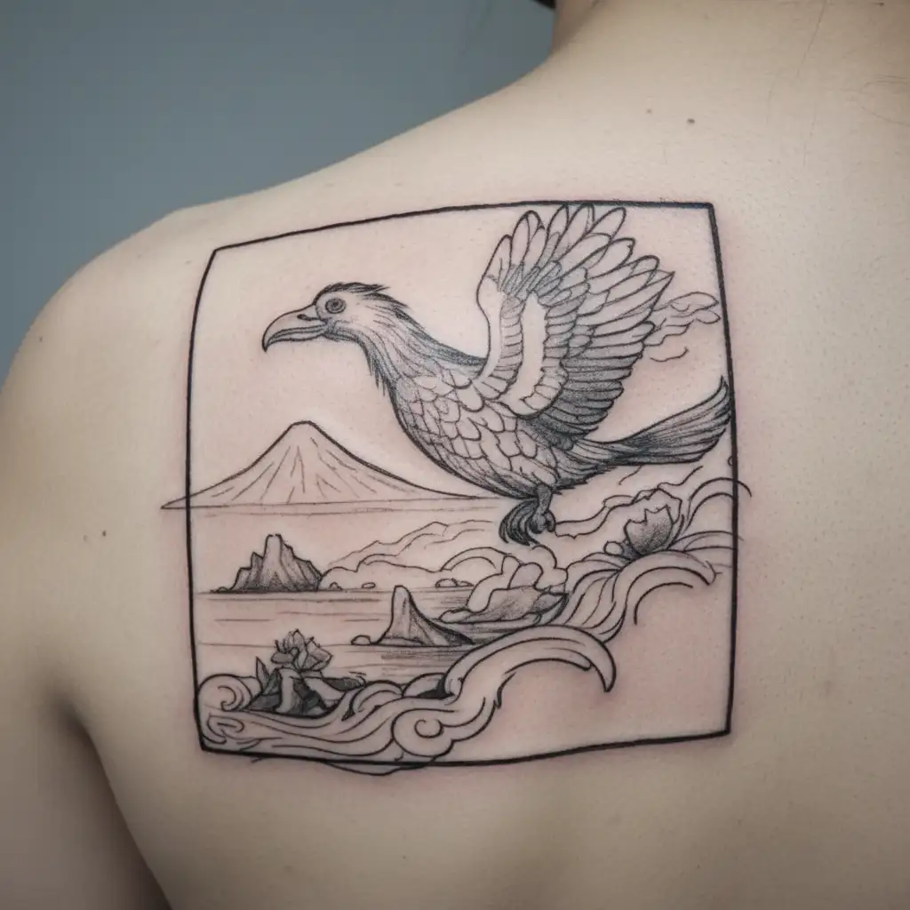 a dodo flying over the ocean in front of a volcano tattoo design idea