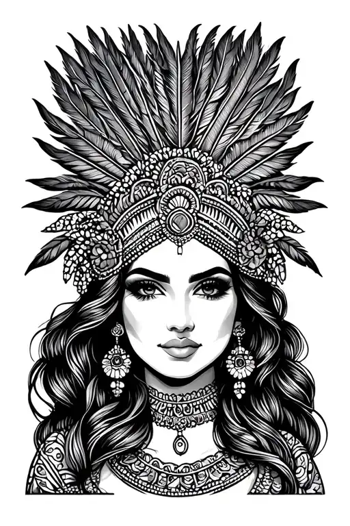 Latina lady face, chicano style, sexy, feathered headdress tattoo design idea