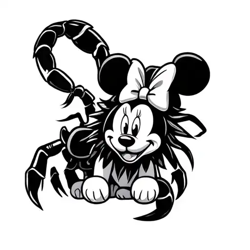 big Scorpion standing behind lion cub with Minnie Mouse bow tattoo design idea