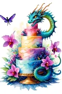 A dragon wrapped around a towering cake, with orchids and dragonflies flying around it tattoo design idea