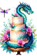 A dragon wrapped around a towering cake, with orchids and dragonflies flying around it tattoo design idea