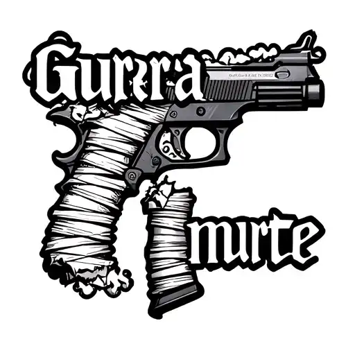 "Guerra muerte" A draco gun wrapped with torn bandages with a biblical cloud design and put the text over the Draco machine gun tattoo design idea