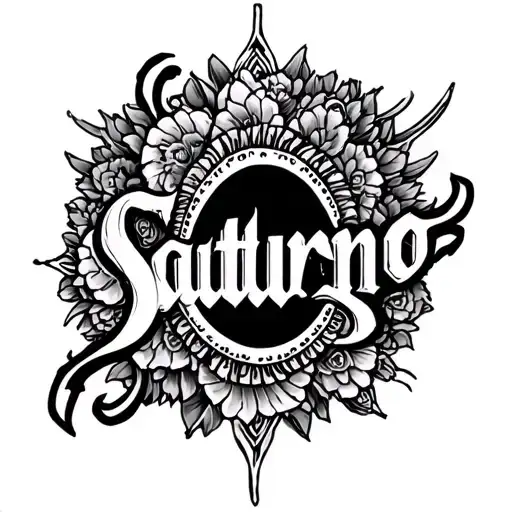 create a Chicano look lettering tattoo design with the words "Saturno" add shading to some parts. complicated tattoo design idea