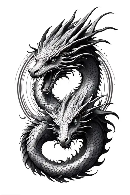 Tattoo Concept:- Central Imagery: Two dragons intertwining from wrist to elbow, their bodies forming a subtle circular  tattoo design idea