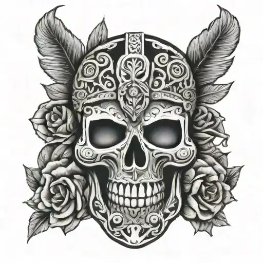 Fineline ancient Mayan art with skull Day of the Dead tattoo design idea