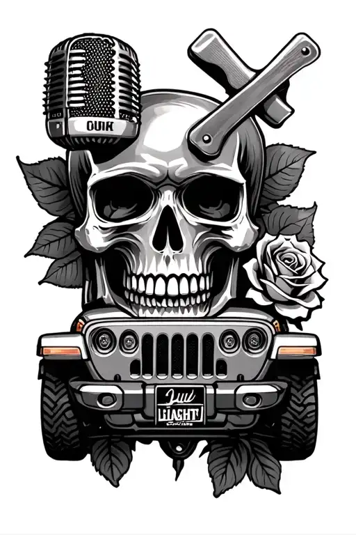 skull and roses that incorporates a carpenters square, a karaoke microphone, a bud light, and a Jeep Wrangler tattoo design idea