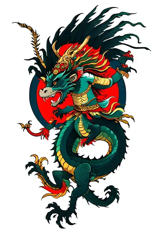 monkey king riding dragon flying tattoo design idea