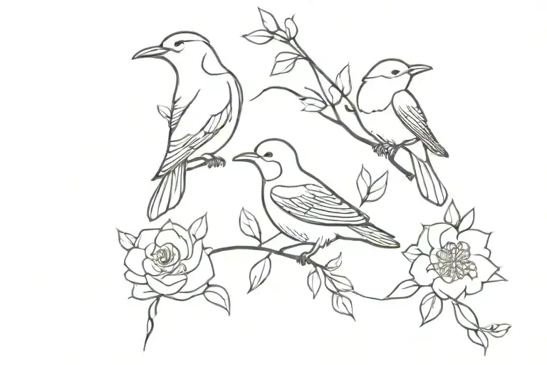 3 birds flowers tattoo design idea