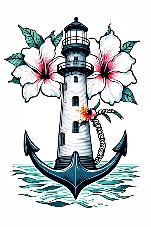 lighthouse with anchor and hibiscus flower tattoo design idea