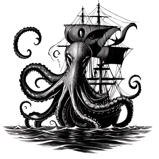 kraken near a sunken ship tattoo design idea