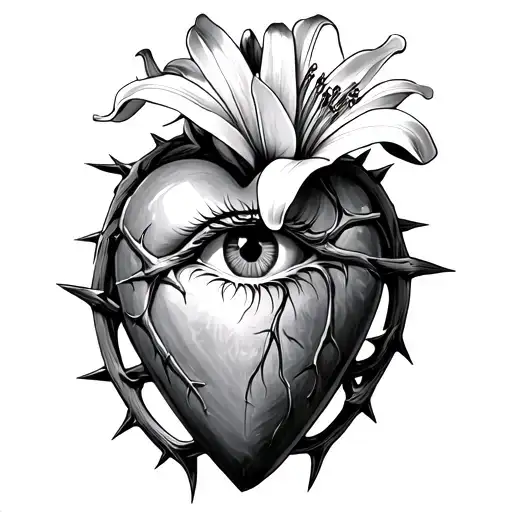 Sacred heart with thorns wrapping around. Eye in middle of the heart and single lily flower tattoo design idea