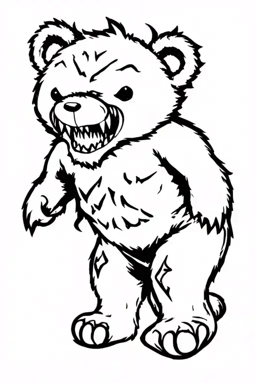 tattoo outline of a maniacal teddy bear with sharp teeth and tattered skin tattoo design idea