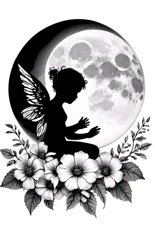 waxing gibbous moon with a cherub baby fairy silhouette and aster and morning glory flowers tattoo design idea