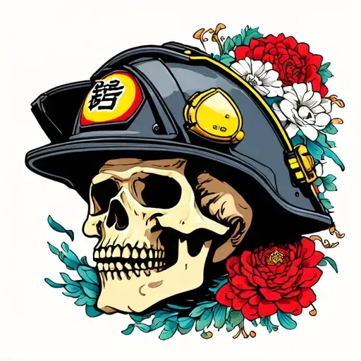skull and firefighter helmet tattoo design idea