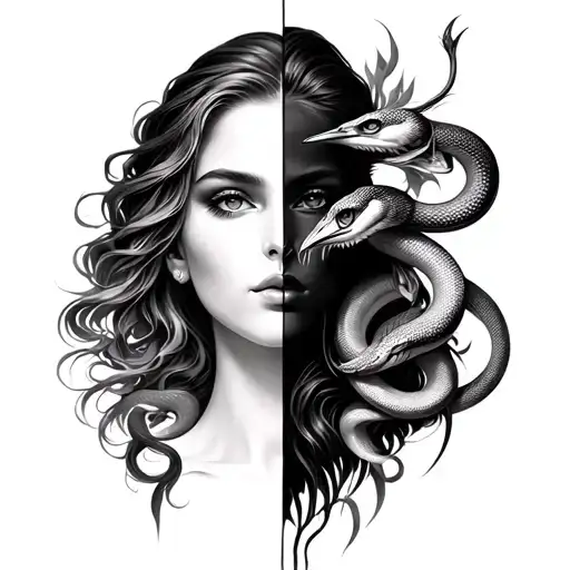 The face of a beautiful woman divided by half with a crane and 4 snakes tattoo design idea