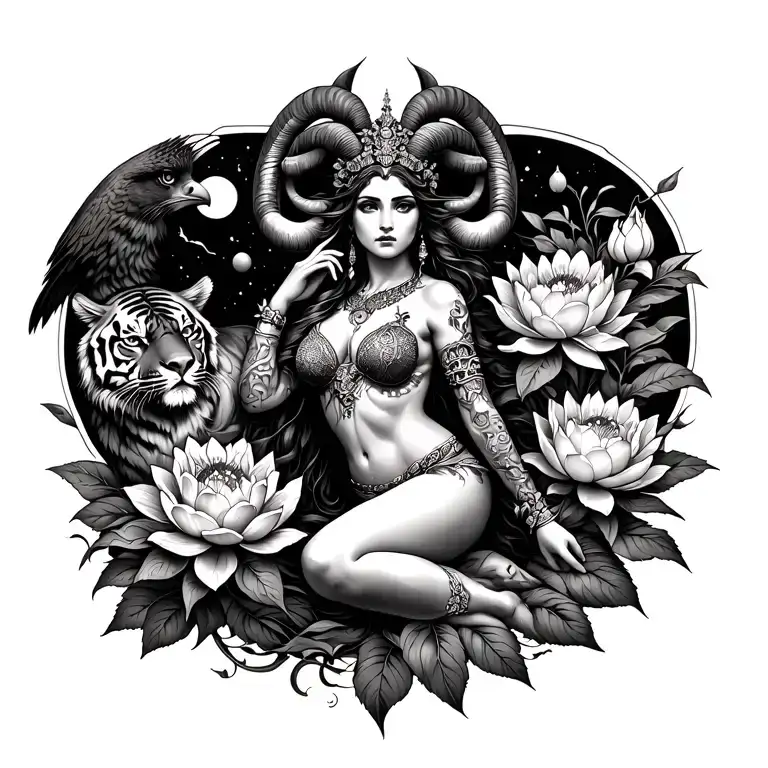 sexy aries goddess surrounded by lotus and peony flowers growing with a tiger and a hawk with mars in the sky tattoo design idea