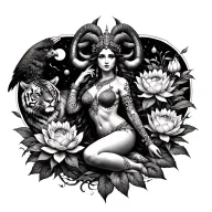 sexy aries goddess surrounded by lotus and peony flowers growing with a tiger and a hawk with mars in the sky tattoo design idea
