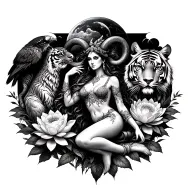 sexy aries goddess surrounded by lotus and peony flowers growing with a tiger and a hawk with mars in the sky tattoo design idea
