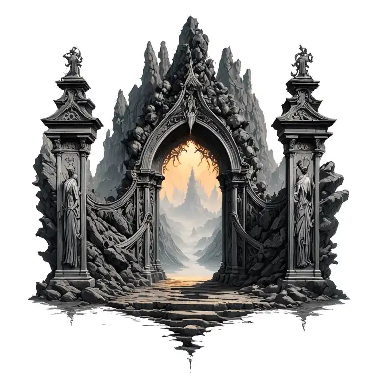 gates of hell from dauntes inferno in the style of gustave dore, cave, landscape  tattoo design idea