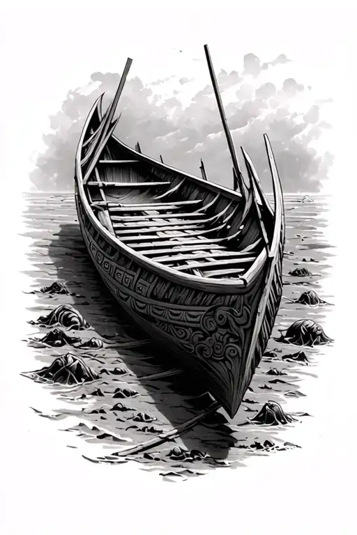 Create an imageOf a wrecked waka (Maori war canoe) in the hadalpelagic layer of the ocean floor. Above that in the trenc tattoo design idea