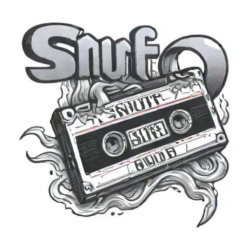 American trad tattoo of a bloody VHS tape with the word "SNUFF" written on it. tattoo design idea
