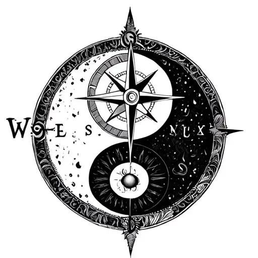 compass rose mixed with yin yang symbol and day and night contrast tattoo design idea