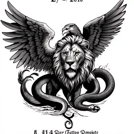 arm sleeve of lion with eagle wings and cobra tail the leo symbol and the birthdate 8/14/2010 tattoo design idea