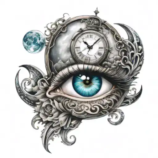 clock moon eye tattoo design idea