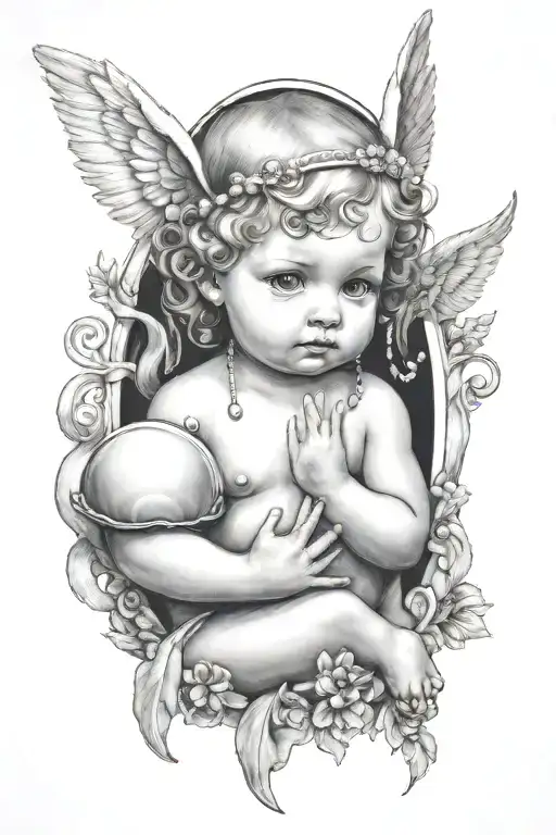 A baby angel with two horns above her head ,holding a diamond a shell which has a pearl in it  tattoo design idea