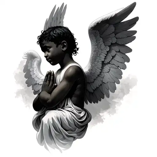 African American angel boy praying looking sideways tattoo design idea