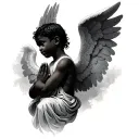 African American angel boy praying looking sideways tattoo design idea
