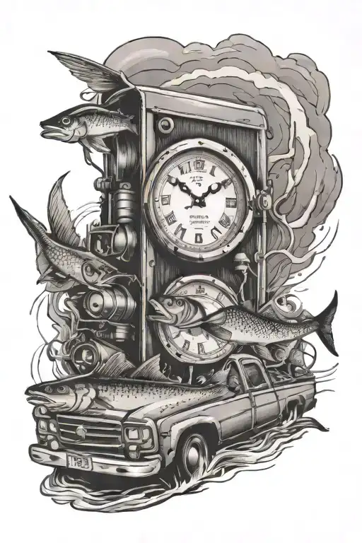4x4 truck, fishing, name and date of birth, clock  tattoo design idea