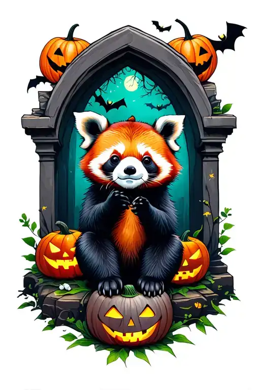 red panda sitting agaist a tombstone  halloween theme tattoo Jack o' lantern and bats tattoo design idea